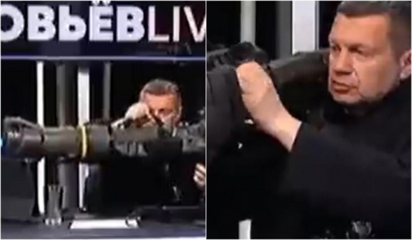Propagandistul rus Vladimir Soloviov a adus în platou un lansator Nlaw, capturat din Mariupol: Vedeți jucăria asta?